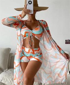 Summer Floral Print Women's Three-Piece Swimsuit <b>Set</b> with Drawstring Shorts <b>Push</b>-<b>Up</b> XL Plus Size - Product Image 1
