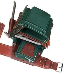 Heavy Duty <b>Tool</b> <b>Belt</b> With Multiple Pockets Green And Brown Leather Construction Work Gear Storage For <b>Tools</b> And Equipment - Product Image 4