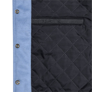 Veste universitaire unisexe bleu ciel et blanc, col montant, à capuche, doublure matelassée 100% laine, rayée, style streetwear urbain - Product Image 4