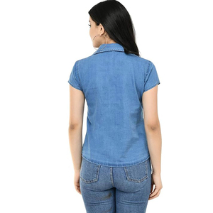 Women's Denim <b>Shirt</b> <b>Half</b> Sleeve Knitted <b>Button</b> Custom Design Regular Fit Casual Wear - Product Image 2