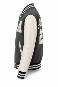 Veste universitaire unisexe grise, patchwork, lettres brodées sur le devant, col rabattable, coupe-vent, éco-responsable, streetwear, vêtements d'hiver - Product Image 3
