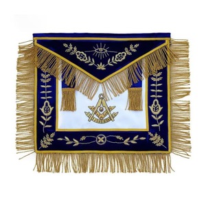 Tablier de maître de la franc-maçonnerie ethnique bleu, brodé à la main, avec bordures en velours et dentelle à franges dorées, pour usage cérémoniel - Product Image 1