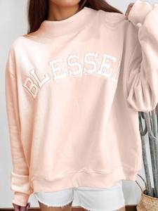 Sudadera de cuello alto para mujer, holgada, con hombros caídos, rosa, con estampado BLESSED, de forro polar - Product Image 4