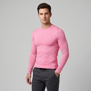T-shirt de sport moulant rose à manches longues pour homme, col rond, tricoté, avec logo avant, respirant, en polyester, couleur unie - Product Image 1