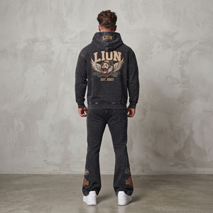 Survêtements vintage streetwear à capuche avec logo brodé personnalisé, effet délavé à l'acide, patchs usés et pantalons évasés à grande broderie - Product Image 2