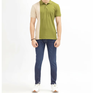 <b>Men's</b> Color Blocked Cotton <b>Polo</b> <b>Shirt</b> Short Sleeve Casual Knitted Breathable Solid Design <b>Green</b> Beige - Product Image 4