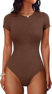 Women Solid Color Short Sleeve Crew Neck Bodycon Bodysuit Stretch Knitted Activewear Spandex Nylon One Piece Fit Regular Length - Product Image 2