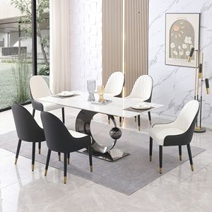 Set sala da pranzo da 71 pollici con Base a piedistallo tondo in acciaio al carbonio bianco Carrara 6 pz sedie con tavolo in pietra 6 pz - Product Image 1