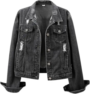 Chaqueta Vaquera Negra para Mujer WARPRO INDUSTRY, Manga Larga, Cuello Camisero, Estilo Trucker, Detalles Deshilachados, Prenda de Invierno 100% - Product Image 3