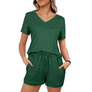 Conjunto de Dos Piezas de Punto para Mujer, Cuello en V, Manga Corta, Color Verde, Corte Holgado, Estilo Casual para Primavera/Verano - Product Image 1