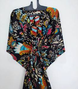 Robe Kaftan Vintage pour Femme, Imprimé Floral, Dentelle, Col en V, Manches 3/4, Lavable, Longueur Genou, 240g, 100% Coton, Coupe Ample Évasée - Product Image 2