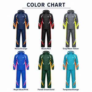 RAIN Men's <b>Waterproof</b> Sporty Hooded Rain Suit Gray <b>Pink</b> Color Blocking PU Coated Zipper Closure - Product Image 4