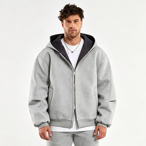 Sweat-shirt unisexe surdimensionné à capuche zippé avec strass, en molleton épais, couleur unie, coupe décontractée, longueur normale, gris, 100 % coton - Product Image 3