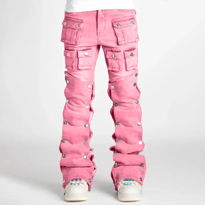 Men's <b>Jeans</b> Custom Fashionable Zipper Multi pockets with metal <b>buttons</b> washed 14 oz baggy <b>jeans</b> streetwear style for men - Product Image 4