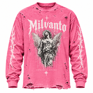 T-shirt à manches longues rose 100 % coton, personnalisé, épais, effet vieilli, 250 GSM, pour marques de streetwear, qualité supérieure - Product Image 1
