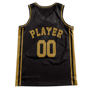 Conjunto de Uniforme de Baloncesto Retro Personalizado en Negro con Texto Dorado, Borde Dorado, Jersey y Pantalones Cortos, Diseño con Nombre y Número del Equipo - Product Image 4