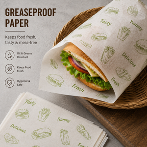 Papel Antigrasa para Envolver Alimentos, Apto para Microondas y Ecológico, Envoltorio Desechable para Sándwiches con Diseño Impreso para Uso en Restaurantes - Product Image 2