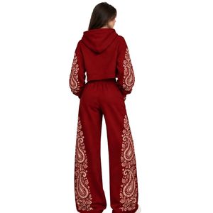 Deep <b>Red</b> Womens Paisley Print Cropped <b>Hoodie</b> Wide Leg Pants Two Piece Tracksuit Casual Streetwear Loose Fit Jogger Outfit Set - Product Image 3