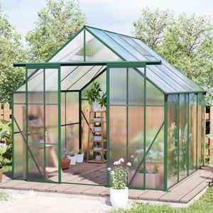 Serra a doppia porta 8x8 FT, resistente, con base rialzata in policarbonato, struttura in acciaio e ancoraggi in alluminio, per uso esterno in giardino. - Product Image 1