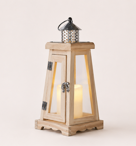 Farol de Vela Rústico Vintage de Madera y Vidrio con Tapa Decorativa de Acero Inoxidable, Farol Colgante Moderno Estilo Granja para Interiores del Hogar - Product Image 1