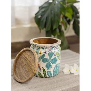 Pot de rangement artisanal en bois de manguier avec finition naturelle, imprimé émaillé, récipient de cuisine, Inde, RR ENTERPRISES - Product Image 2