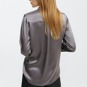 Chemise en soie de haute qualité pour femmes, manches longues, couleur unie, design simple, chemisier pour le bureau, vêtements formels, vêtements en soie de luxe, nouveauté - Product Image 4