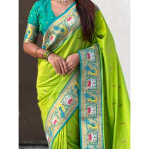 Parrot Green Soft Silk Swan Rajhans Paithani Saree Traditional <b>Scarves</b> & <b>Shawls</b> - Product Image 2