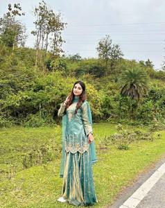 <b>Light</b> <b>Blue</b> Pakistani Dress Embroidered Salwar Kameez Set Long Sleeve <b>Lehenga</b> Outfit for Wedding Festival Wear - Product Image 5