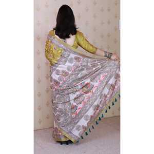 Madhubani Fusion Printed Saree <b>Gold</b> Tussar Silk with Zari Woven Border Traditional Indian <b>Scarf</b> & Shawl - Product Image 4