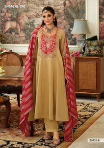Conjunto de Anarkali de Alta Calidad con Bordado Kanjivaram en Viscosa, Manga Larga, para Todas las Temporadas, con Pantalón y Dupatta con Patrón de Rayas - Product Image 3