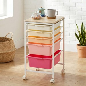 Meuble de rangement domestique : Commode de rangement en plastique à 5 niveaux avec étagère en bois pour armoire, design moderne, revêtement poudré, gain de place - Product Image 2