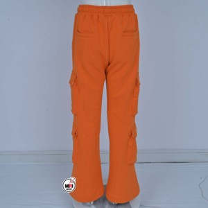 Premium Quality Mens Orange Fleece <b>Cargo</b> <b>Pants</b> <b>Elastic</b> <b>Waist</b> Drawstring Flare Leg Casual Autumn Wear Breathable Multiple Pockets - Product Image 5