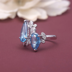 IGI Certified Blue Lab Grown Diamond Floral Cluster <b>Ring</b> in 9K White / Rose & Yellow <b>Gold</b> Pear- Marquise Diamond Statement <b>Ring</b> - Product Image 6