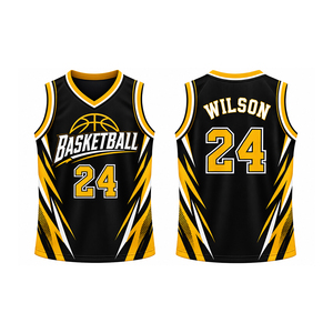 Maillot de basket-ball d'équipe pour hommes, noir et jaune, 23, sublimé, col en V, sans manches, évacuant l'humidité, coupe athlétique, toutes saisons - Product Image 3