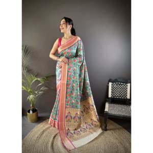 Sari Paithani de Seda Lichi Pura Banarasi para Vestimenta de Boda - Product Image 4