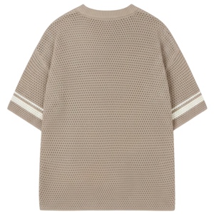 Camiseta de punto de ganchillo con rayas en contraste, color marrón, manga corta, tejido texturizado, informal de verano, transpirable, cuello redondo. - Product Image 2