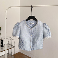 Blusas de punto casuales de verano con cuello en V y manga corta para mujer, camisas de encaje sólido con manga abullonada, tops dulces para mujer