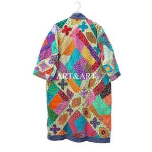 Veste Kantha vintage décontractée été-hiver pour femme, robe kimono à col en V, séchage rapide, faite à la main, rembourrage en coton, motif floral, haute qualité - Product Image 5