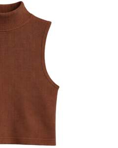 Top Corto Personalizado Marrón Acanalado de Cuello Alto Sin Mangas para Mujer, Ajuste Delgado, Elástico, Casual, de Verano, Camiseta sin Mangas, Chaleco Básico de Moda - Product Image 3