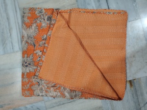 Handmade Kantha Quilt Reversible Cotton Blanket Orange Yellow Multi Color <b>Bedspread</b> Home Decor Gift for Her - Product Image 2