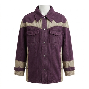 Veste en jean vintage délavée à blocs de couleur style western streetwear avec empiècements contrastants pour homme – Violet Kaki personnalisé - Product Image 1