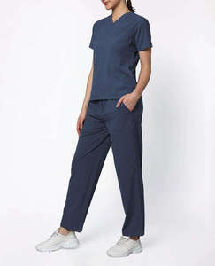 Women <b>Blue</b> <b>Scrub</b> Set Cotton Polyester Woven Hospital Uniform Bell-bottom Pants Stretchy Nurse Workwear - Product Image 4