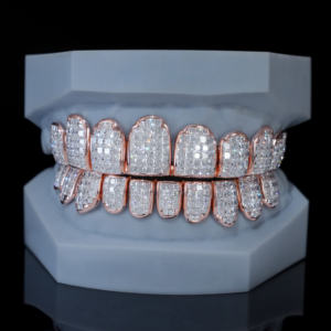 <b>Rose</b> Gold Iced Out Diamond Grillz Set | Custom Princess Cut Teeth Grill <b>Top</b> & Bottom - Product Image 1
