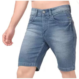 Shorts en jean bleu pour homme, style streetwear, en coton biologique uni, extensibles, avec taille élastique, service OEM - Product Image 4