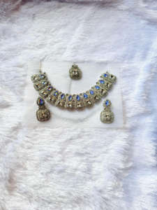 고급 4 피스 인도 웨딩 파티 쥬얼리 세트 아시아 신부 목걸이 귀걸이 크리스탈 스톤 보석 골드 빈티지 골동품 - Product Image 6