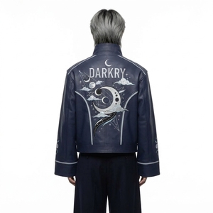 Streetwear <b>Real</b> <b>Leather</b> Bomber <b>Jacket</b> With Moon Embroidery Streetwear Style Autumn Zipper Closure Stand Collar - Product Image 2