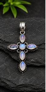 Colgante de Cruz de Piedra Lunar Arcoíris, Plata de Ley 925, Joyería Hecha a Mano, Estilo Vintage Boho, Colgante de Piedras Preciosas para Mujer - Product Image 3
