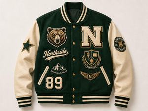 Blouson universitaire homme 2026 vert crème avec patch ours brodé, style preppy, coupe droite, col rabattu, collection automne - Product Image 6