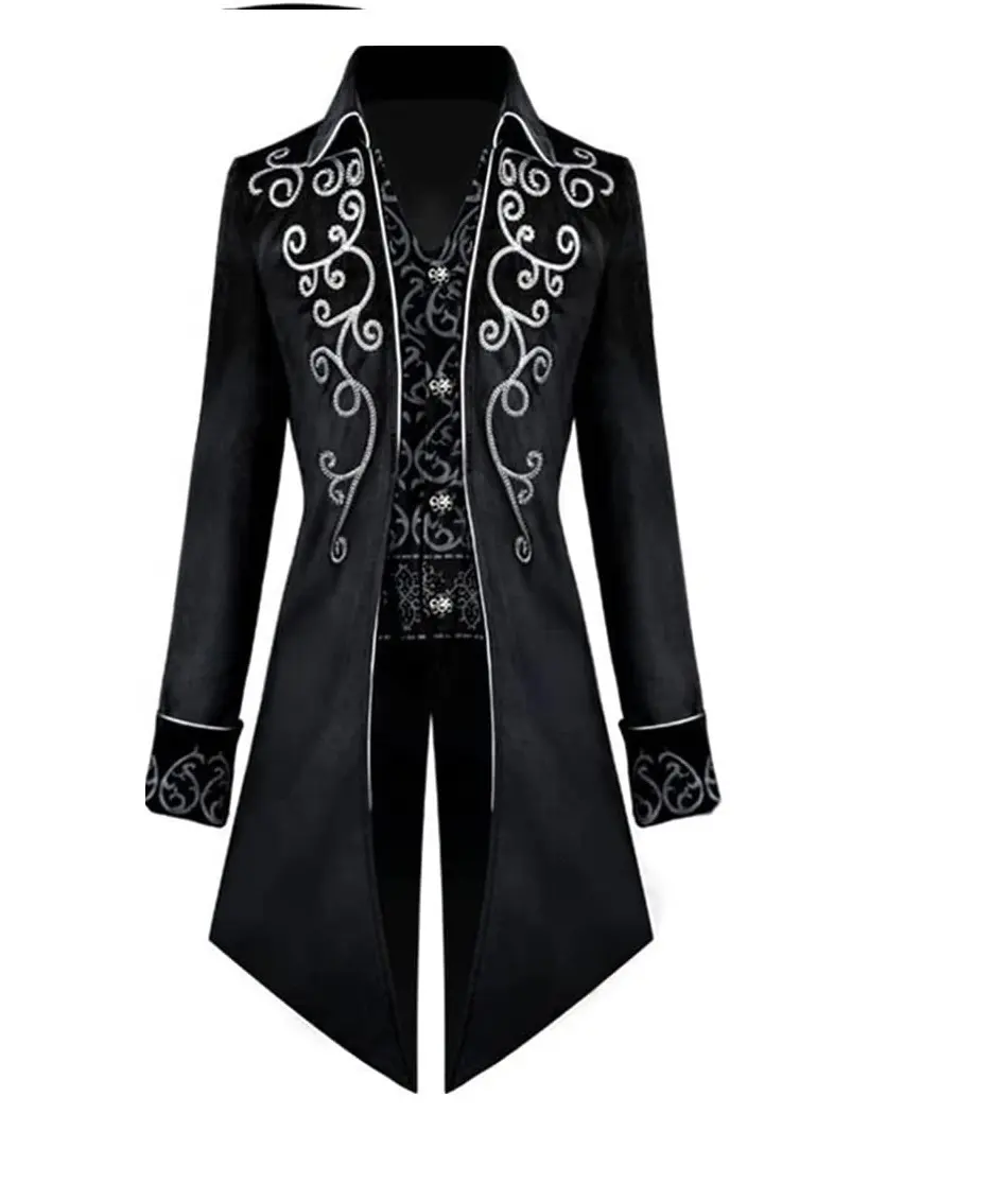 hot Men Black Tailcoat Jacket Steampunk Victorian Halloween Costume Long Coat