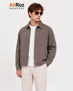 AliRoz Men's Cotton Canvas Shirt Jacket Turn <b>Down</b> Collar Zipper Front Pocket Workwear Style Autumn Outerwear - Product Image 1